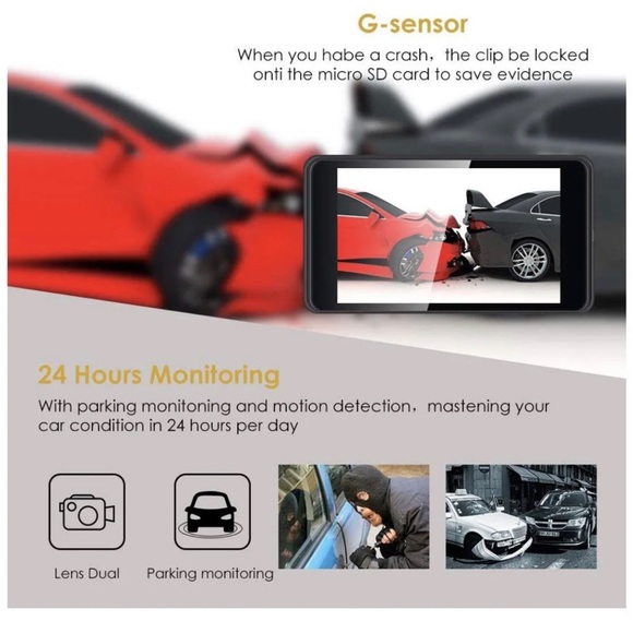 Dual Dash Cam 4” Touch Screen Full HD 1080P W/ Backup Camera & Night Vision New - Picture 5 of 6
